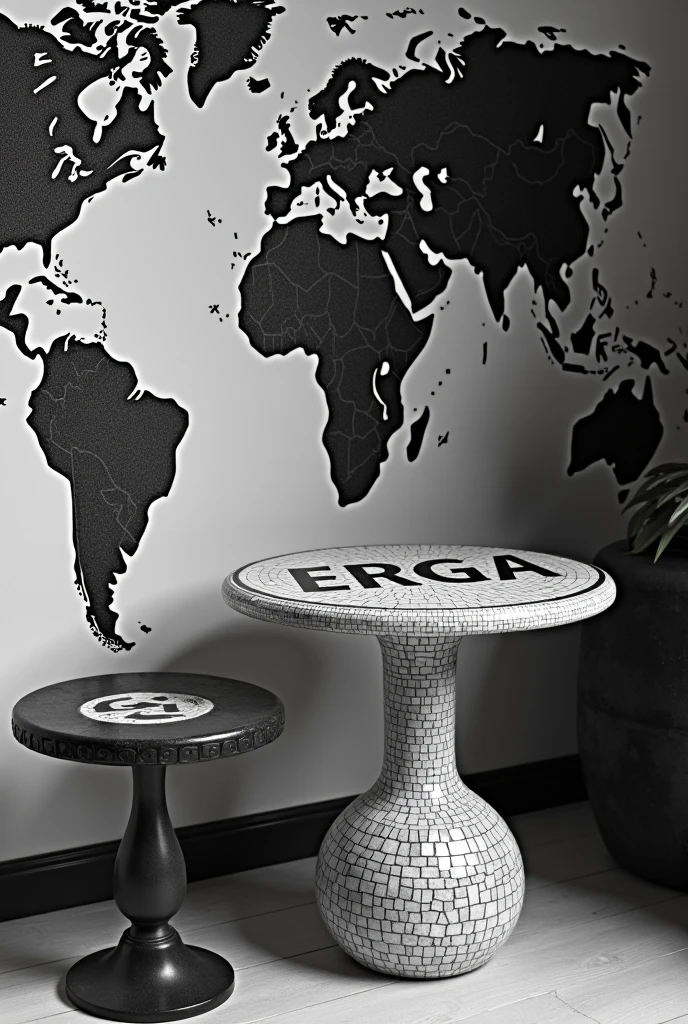 A black and white image of a small round table , stone mosaic letters ERGA world map made by mosaic
Another table
Iron table