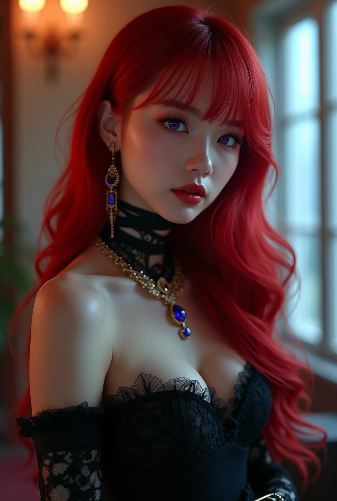 ((solo, 1woman, (TakashiroHiroko, dark purple eyes, red hair, long hair), lipstick, Extremely detailed, ambient soft lighting, 4k, perfect eyes, a perfect face, perfect lighting, a 1girl)), ((solo, (1woman, lipstick), Extremely detailed, ambient soft lighting, 4k, perfect eyes, a perfect face, perfect lighting, a 1girl)), , ((fitness,, shapely body, athletic body, toned body)), ((black dress, frilly dress, mechanical arms, mechanical prosthetics, automaton, theater, sapphire jewelry, gold jewelry, cyberpunk prosthetics, black chains))