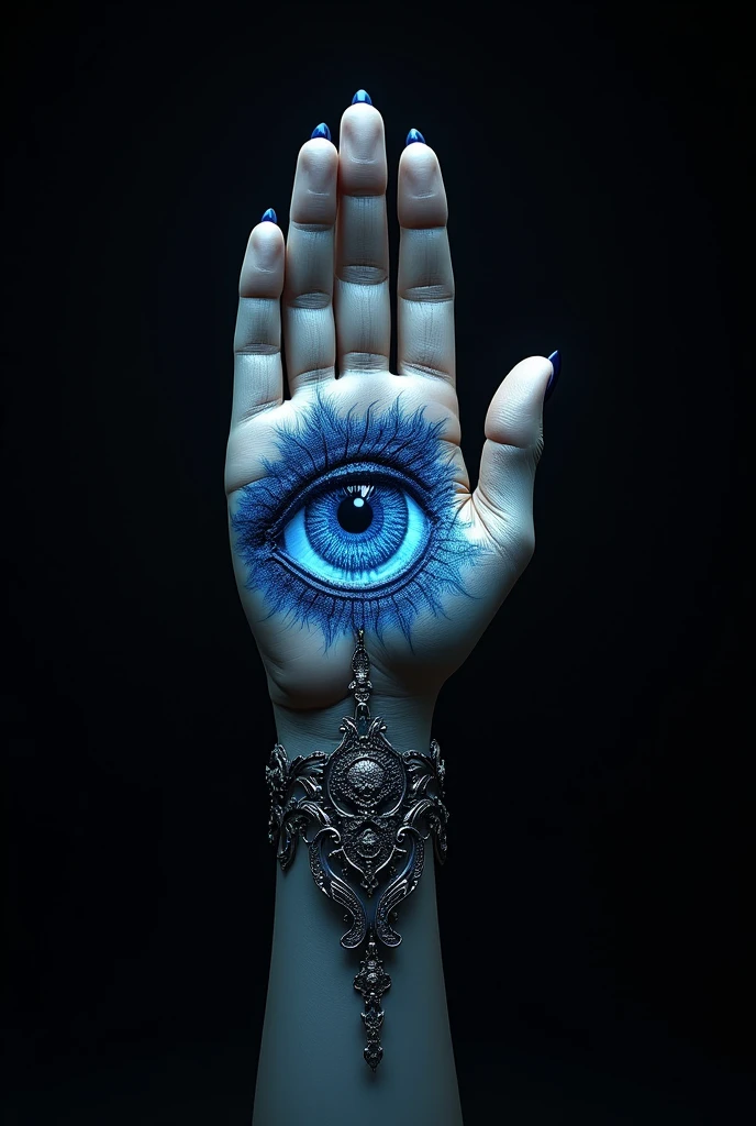 Hand wallpaper with blue turkish eyes chinese necklace black background