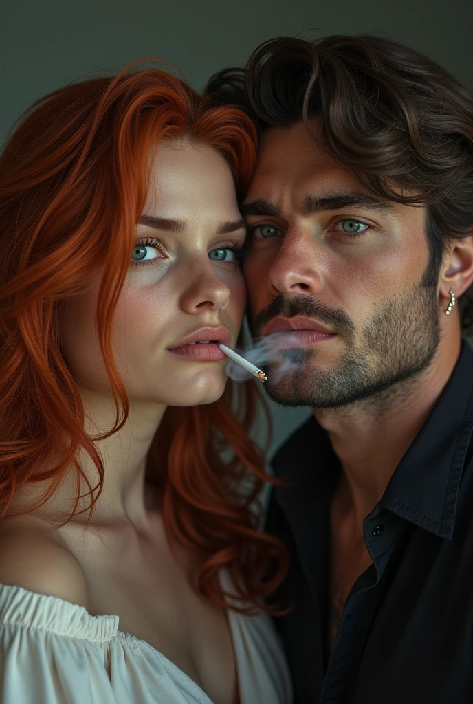 Red-haired Greek woman with dark blue eyes and her male twin brother smoking