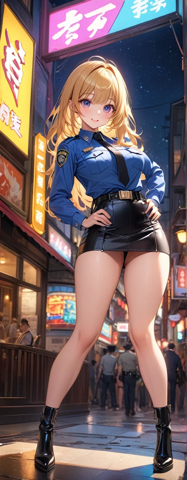 Hime cut、Loose perm hair、Golden Hair、((Highly detailed sexy police outfit in black、Ultra mini skirt)）、Looks about、(beautiful: 1.3)、One person、Highest quality、8k、Highly detailed CG unit wallpaper、masterpiece: 1.2、Highest quality、Ultra-high resolution、RAW Photos、Realistic textured skin、Cinema Lighting、happiness、Big eyes、Detailed eyes、Glossy lipstick、Perfect Makeup、超高精細のbeautiful顔、Huge building、Metropolis、Voluptuous、(大きくて丸くてbeautiful形のお尻)、(サイバーシティの超高層ビルの屋上にAre standing)、(Panoramic View)、night、Detailed neon lights、(((Are standing_Split)))、