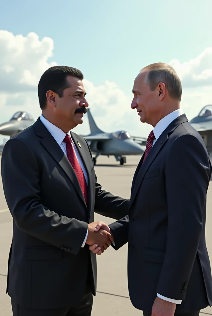 Venezuelan President Nicolas Maduro has a mustache greeting Russian President Bladimir Putin with military aircraft