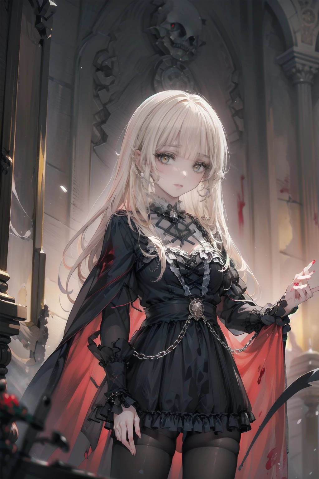 beautiful girl、Moe、cute、とてもcute服、繊細なPink Tata Dress、.(Highest quality,4K,High resolution,masterpiece:1.2),Very detailed,Realistic:1.37,Spooky altar background,Dark fantasy,Red color scheme,Ominous atmosphere,Eye-catching,Storytelling,anatomy,Anime Style,Concept Art,beautiful細部までこだわった顔と (((Red eyes ))),A terrifying ritual ,Satanic Ritual,Premature death,inappropriate behavior,クレイジーなsmile,Scythe Face,Girl Monster, beautiful, Delicate facial features, Sharp Eye, Sharp Fangs, pale skin, Thick chain, Dark Background, Cinema Lighting, Dramatic Shadows, Gothic style, Gloomy atmosphere, Dark fantasy, one person&#39;s, Please open your mouth wide, Open your mouth and baring your teeth,Sharp teeth like a beast, Wide lips, very wide mouth, Vermilion cheeks, ,(Blood splatter:1.4),Scary smile, smile,Angel Design, Twisted smile、Bloody、bleeding from the head,,,,,、Blood splatter、,(Blood splatter:1.4),skull,Horrorスタイル, ((Fantasy Sweet Ta Frill Pink Costume)), ((Flowing blonde hair)), ,(Blood splatter:1.4),Female curves, Sexy flat stomach, Perfect hands, Perfect anime face, (Pink Tata Dress)), Are standing, ((邪悪なsmile)), ,(Blood splatter:1.4), Steam circulates, Moonlight Illumination, night lighting, (Blood splatter:1.6),アニメAngel Design, Twisted smile、Bloody、bleeding from the head,,,,,、Blood splatter、,(Blood splatter:1.4), skull,Gothic architecture、Western architecture、Fantasy World、,Victorian cities, Skeleton Gas Light,Absurd, High resolution、 ((Tabletop)), ((Highest quality)), (Very detailedな), ((Very detailed)), (beautiful), ((cute)), (NFSW:1.8), alone,(10 years old:1.6)、(world&#39;The most terrifying and creepy demon :1.5)beautiful face、Whole Body Ezbian、pale, beautiful肌、beautiful金の髪、Smiling Kindly、Dark building ruins、(snow white&#39;Frill dress:1.3)、(The dark ruins are stained with blood:1.3)、Low angle full body shot、(少女は血の海の中にAre standing:1.5)、(The ground is full of blood:1.3)、(The lost a lot of blood...:1.3)、(クレイジーなsmile:1.6)、Spirits、(Blood dripping from the mouth:1.3)、Neo-goth style, Wearing a black dress and a white collar, Wearing a black hat、wearing heavy makeup, Standing in a mystical garden surrounded by vines. The garden is full of deep purple flowers.、背景のGothic architecture。. &#39;The hair is golden、、A red rose is pinned to the side。. Her eyes are sharp、It&#39;Like being stabbed., Thick black eyeliner and long lashes. 彼女は顔色がpale.、Her lips are bright red.. The atmosphere is gloomy and eerie, with dim lighting casting long shadows. This piece combines digital illustration and photography..., outcome、驚くほどHigh resolutionの画像が生まれました. Most of the colors are dark、I&#39;Calm, Deep reds and purples create a dark beauty.. The style is neo-Gothic., Horror, Portrait Photography, Create unique and compelling visual experiences.Dark Imagery
