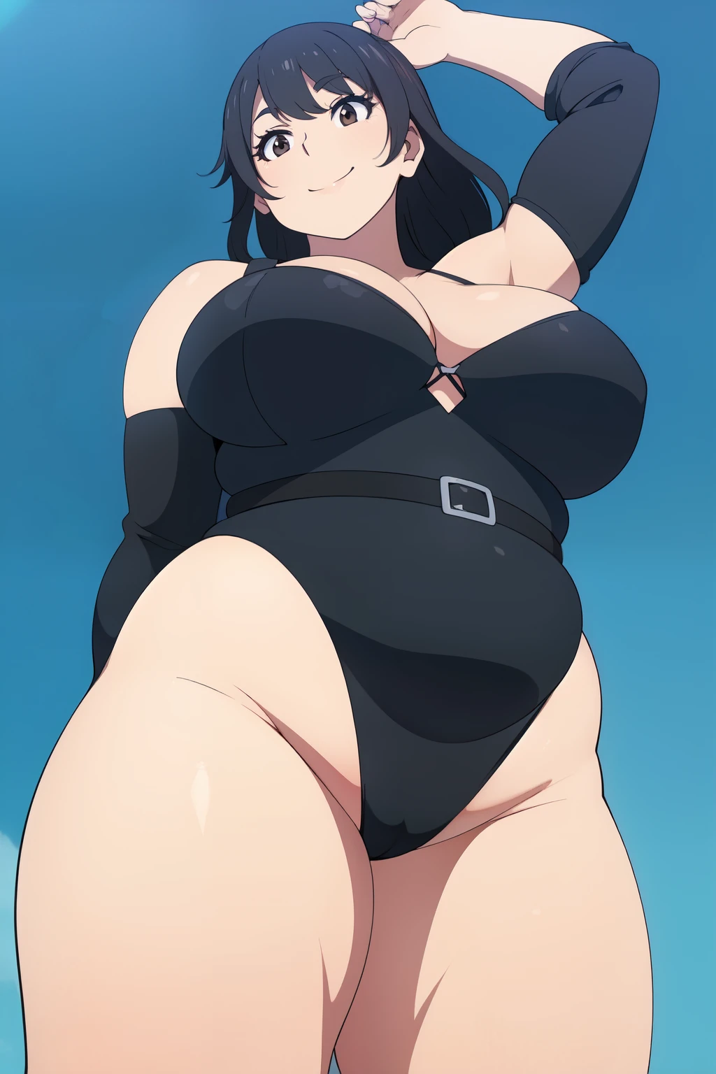 Plump year 21 big breasts black hair brown eyes chubby smile bear girl black leotard longer hair seen from below