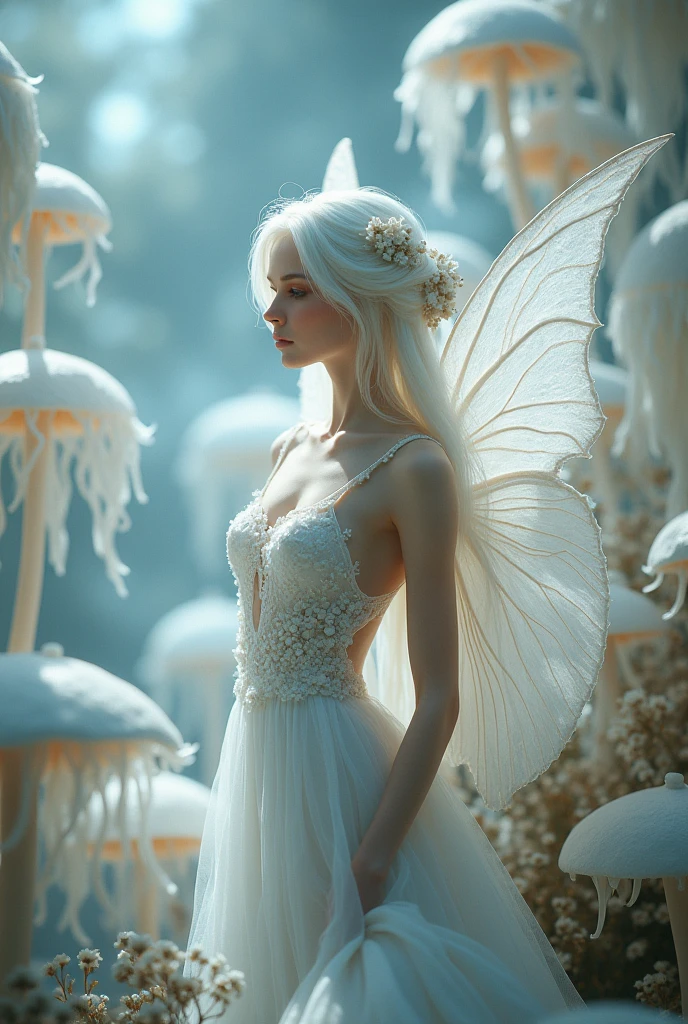 an elegant fairy, With milky white transparent wings,Lots of flowing glowing white mushrooms fantasy art silver behind, Exuding charm and beauty.The mysterious atmosphere of light and shadow art, Fantastic environment, subtly lit, Soft color 4k highly detailed digital art，fantasy art behavior，Surreal