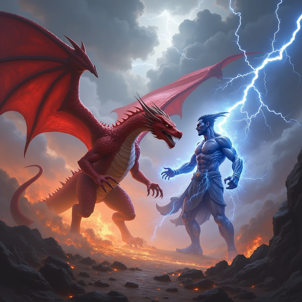 angry gatot kaca fighting with black dragon with flame eyes on the top oh mahjong board, has so many blue storms with brightly cloud