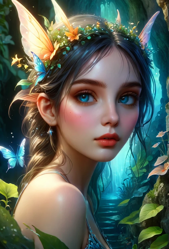 a fairy in a grotto, beautiful detailed eyes, beautiful detailed lips, extremely detailed face, long eyelashes, beautiful fairy in a mystical grotto, ornate fantasy setting, glowing bioluminescent plants, ambient lighting, dreamlike atmosphere, detailed intricate background, vibrant saturated colors, ethereal soft lighting, cinematic composition, digital painting, concept art style, (best quality,4k,8k,highres,masterpiece:1.2),ultra-detailed,(realistic,photorealistic,photo-realistic:1.37)