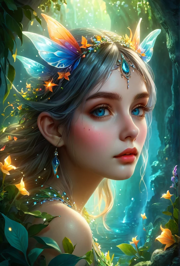 a fairy in a grotto, beautiful detailed eyes, beautiful detailed lips, extremely detailed face, long eyelashes, beautiful fairy in a mystical grotto, ornate fantasy setting, glowing bioluminescent plants, ambient lighting, dreamlike atmosphere, detailed intricate background, vibrant saturated colors, ethereal soft lighting, cinematic composition, digital painting, concept art style, (best quality,4k,8k,highres,masterpiece:1.2),ultra-detailed,(realistic,photorealistic,photo-realistic:1.37)