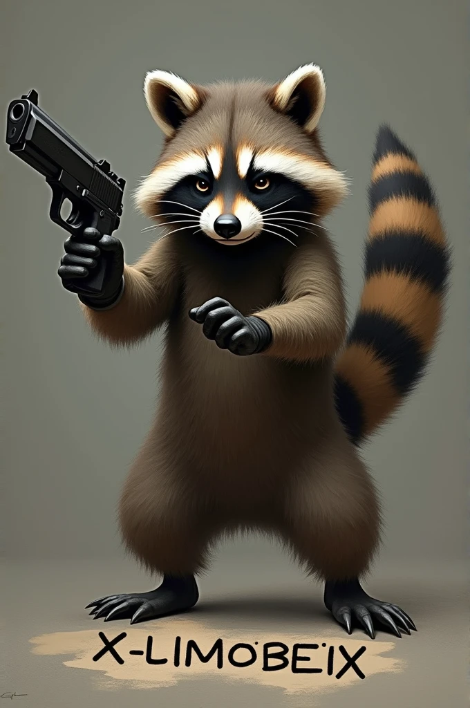 Raccoon with gun in hand. The name XXLIMOBEIXX should be written underneath