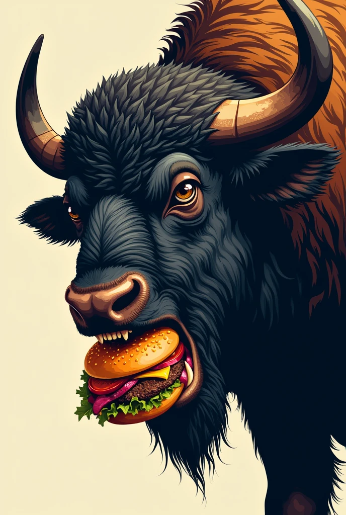 Design the face of a fierce buffalo biting a hamburger in the middle of its mouth and only the front face showing its teeth