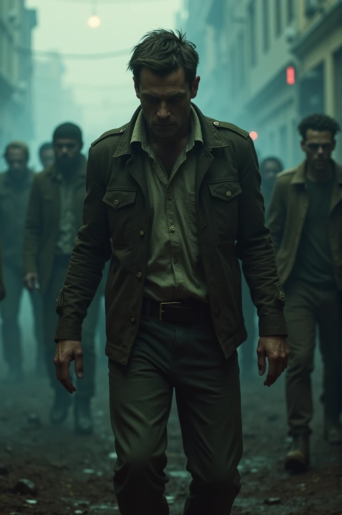 Image of a zombie apocalypse movie where the protagonist, a famous male actor, looks like a winner but agitated to the point that he can't move forward