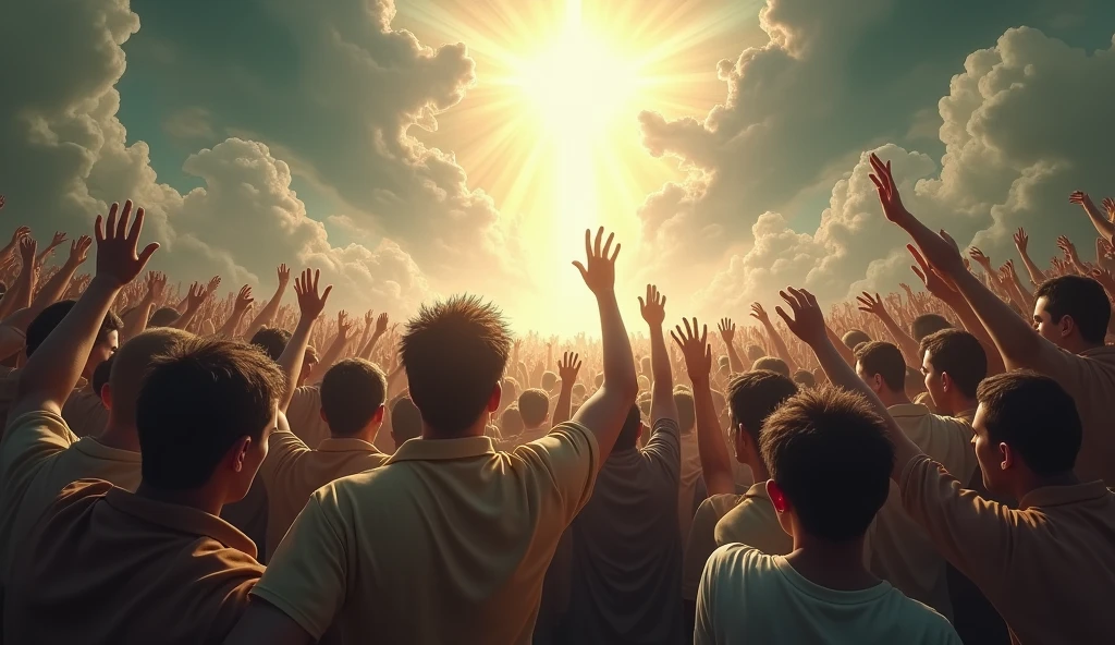 Create a powerful, emotionally charged image of desperate people trying to reach heaven. Show a motley crowd of individuals in a state of anguish and despair, reaching out or attempting to climb toward a bright, ethereal sky. Facial expressions should reflect a mix of hope, panic and determination. Heaven should be portrayed as a distant and unattainable destination, radiating light and a sense of divinity. The scene may include dramatic elements such as turbulent clouds, rays of light, and an environment that suggests an internal conflict or spiritual battle.