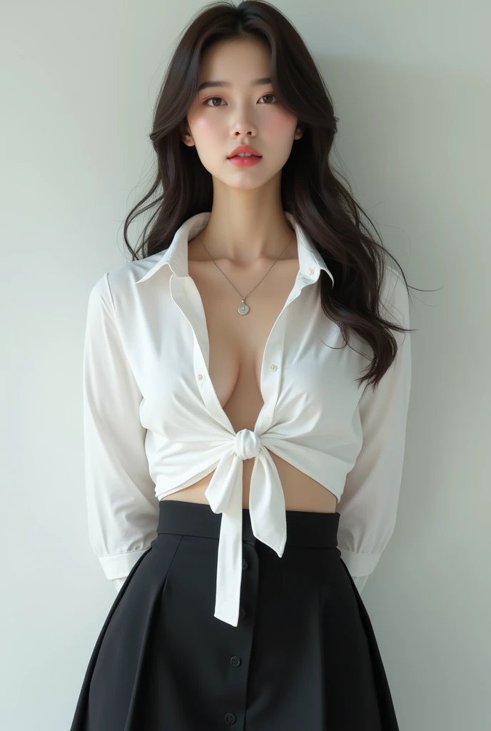 Big tit Korean girl in white button down and loosened tie. And black skater skirt 