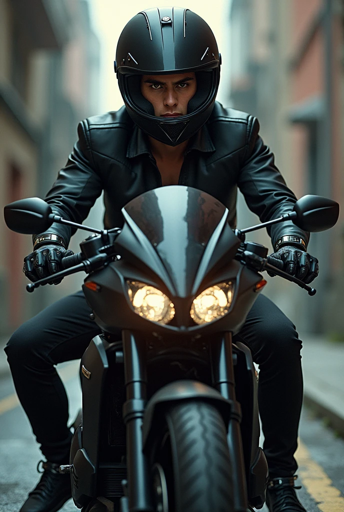 handsome boy with a black motorcycle and him with a motorcycle helmet serratdi