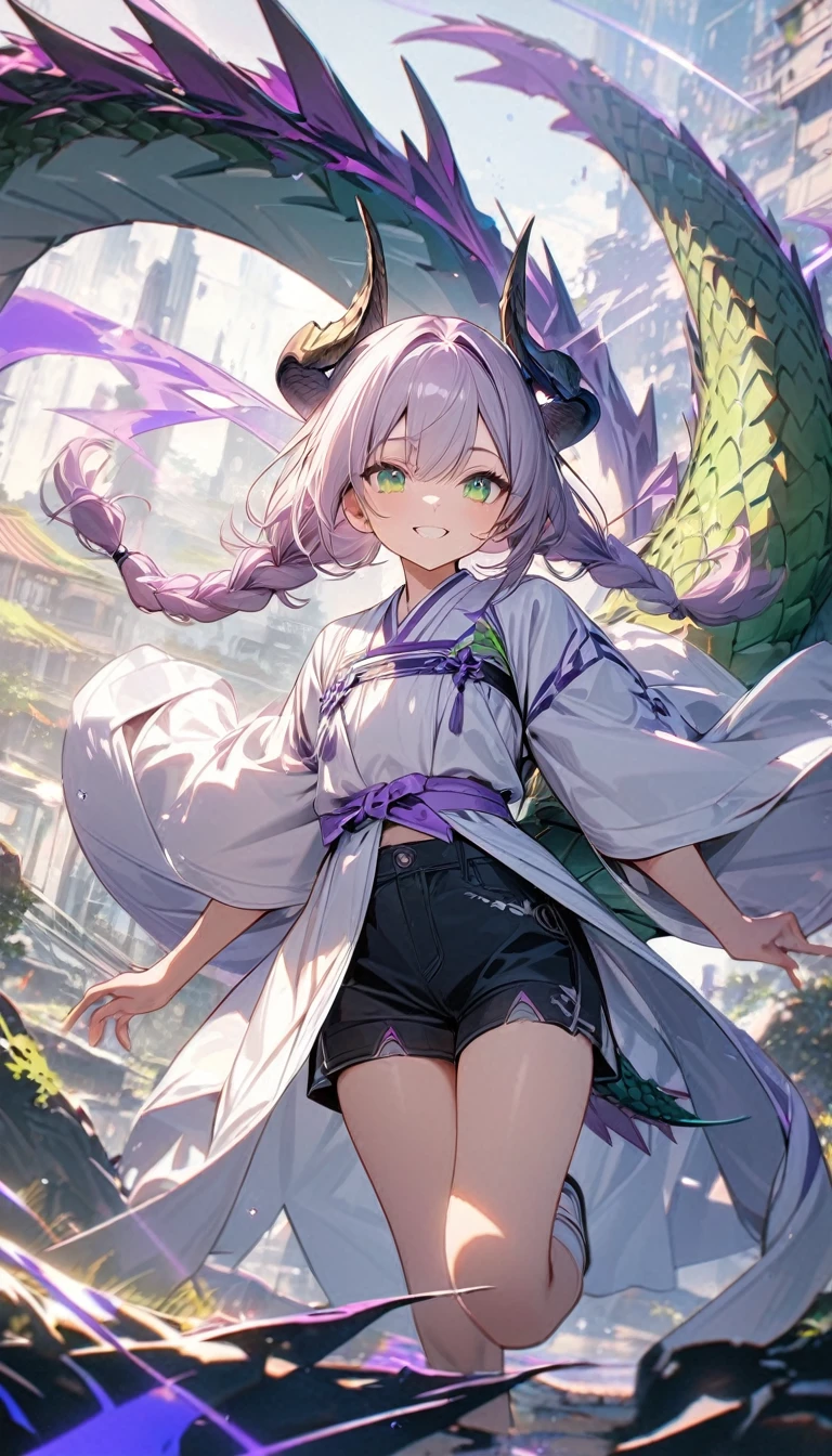 young girl, flat chest, smile, long light violet hair, dragon horns, two braids, green eyes, dragon tail, white hanfu, violet elements, shorts, Masterpiece, best quality, Full HD, 8k, ultra details, great graphic