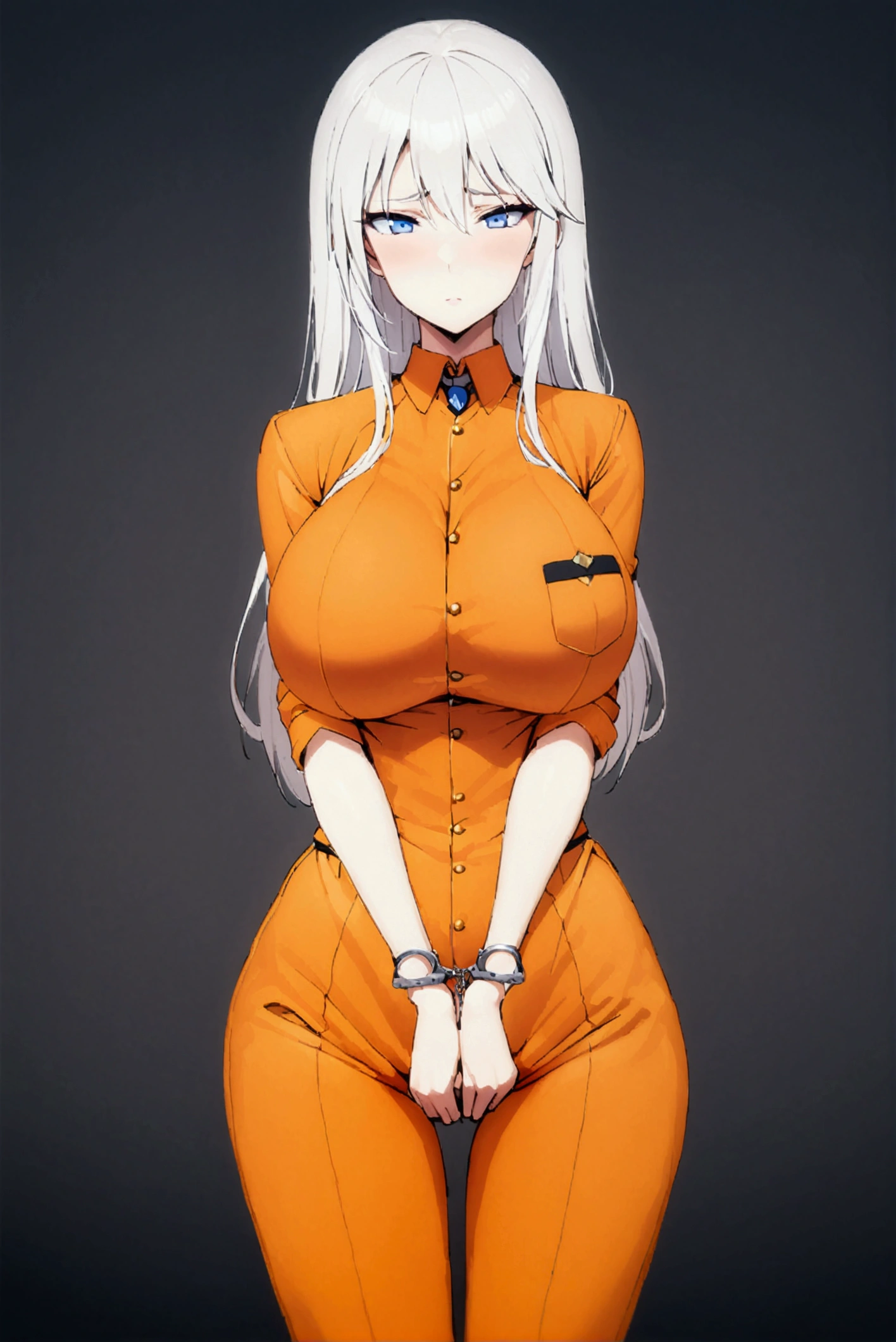 ,orange jumpsuit, uniform, orange pants,Waist Chain, Hands tucked in between thighs, arms tucked in between thighs, Handcuffs, big breasts, long white hair, blue eyes, milf