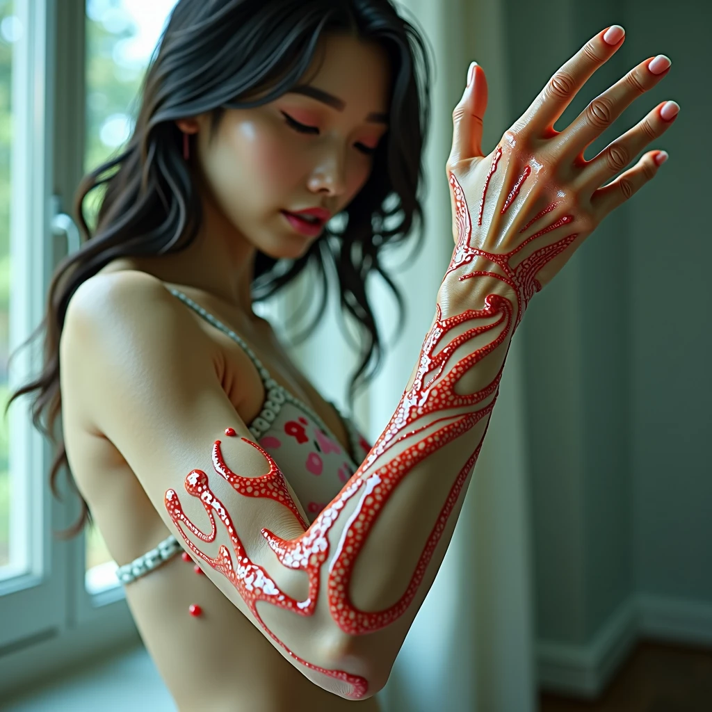 ((Bright and clear lighting)), sf, Detailed close-up image of an Asian woman's arm transforming into a monster tentacle in an indoor scene、Ultra-realistic, Organic Texture, Surreal, Very detailed, real