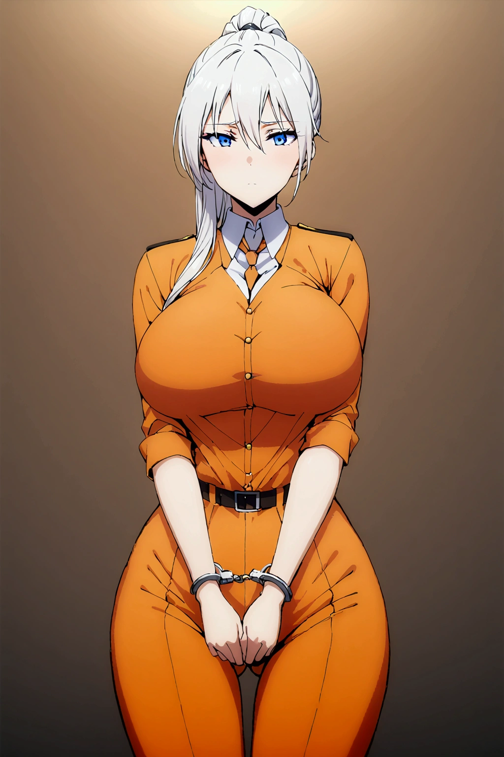 ,orange jumpsuit, uniform, orange pants,Waist Chain, Hands tucked in between thighs, arms tucked in between thighs, Handcuffs, big breasts, long white hair, blue eyes, milf, ponytail 