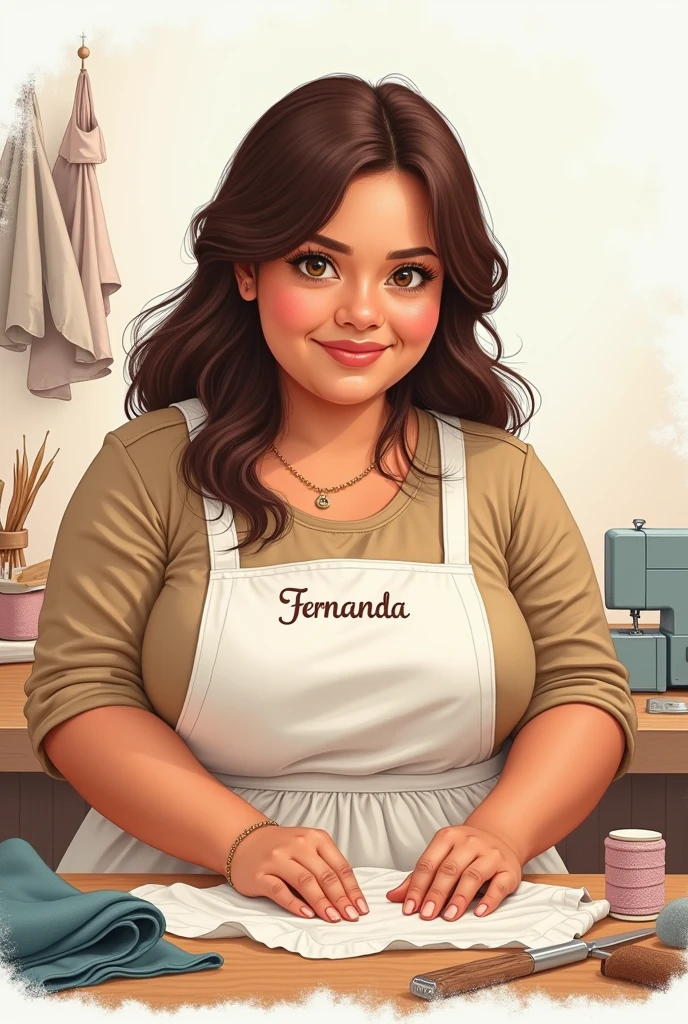 Drawing A chubby Brazilian woman seamstress in the studio white with loose brown straight hair and small eyes With an apron with the name Fernanda 
