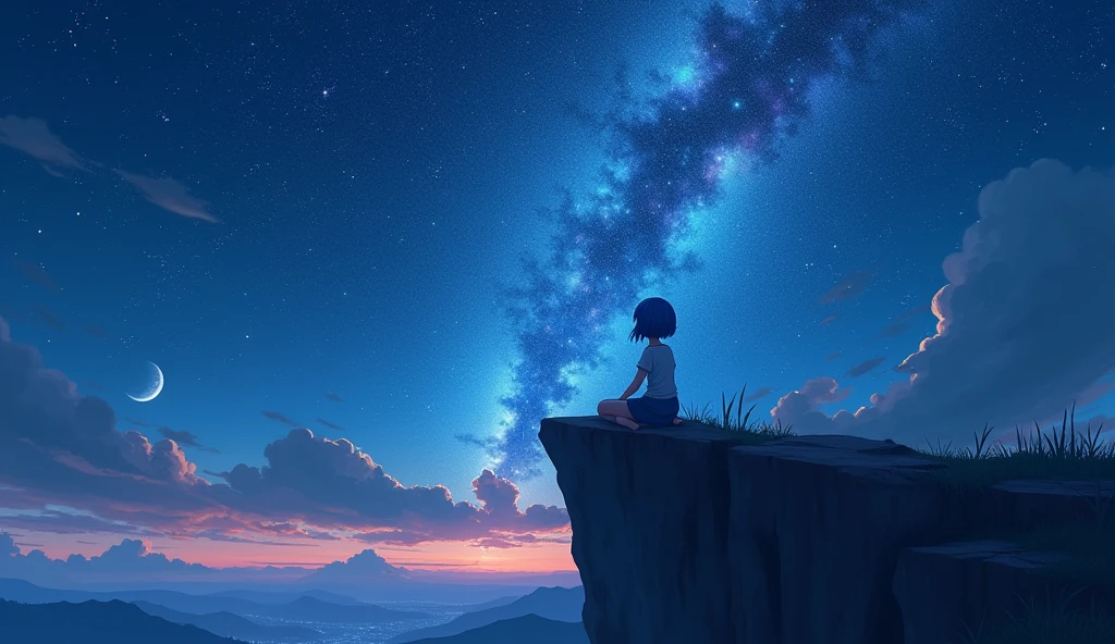 (masterpiece, best quality: 1.2), Girl with blue hair, sitting on a cliff, looking up at the sky, galaxy in background, at night, (realistic art style, soft), pov behind the girl