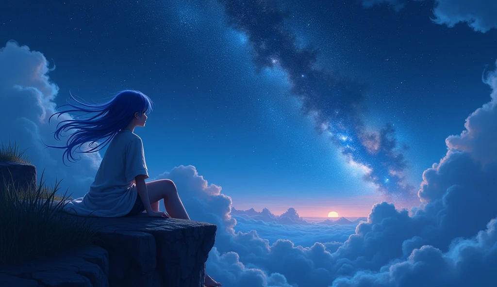 (masterpiece, best quality: 1.2), Girl with blue hair, sitting on a cliff, looking up at the sky, galaxy in background, at night, (realistic art style, soft), pov behind the girl