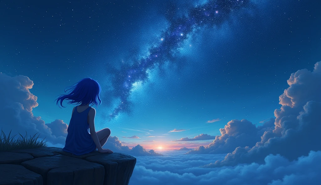 (masterpiece, best quality: 1.2), Girl with blue hair, sitting on a cliff, looking up at the sky, galaxy in background, at night, (realistic art style, soft), pov behind the girl