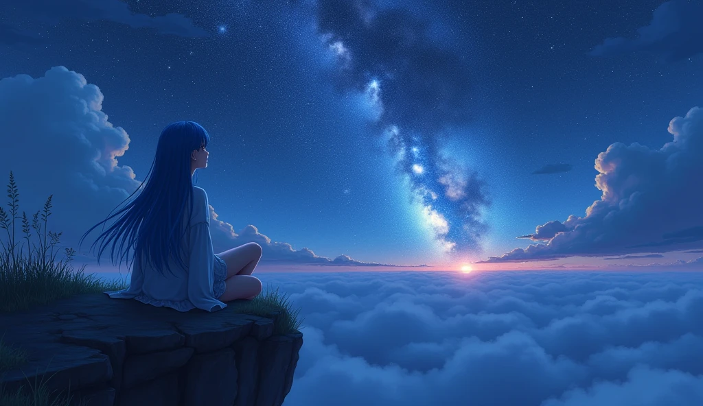 (masterpiece, best quality: 1.2), Girl with blue hair, sitting on a cliff, looking up at the sky, galaxy in background, at night, (realistic art style, soft), pov behind the girl