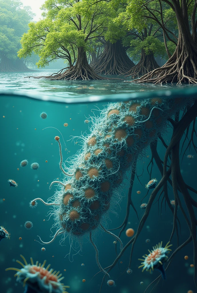  illustration of Ideonella Sakaiensis and Mangrove as one
