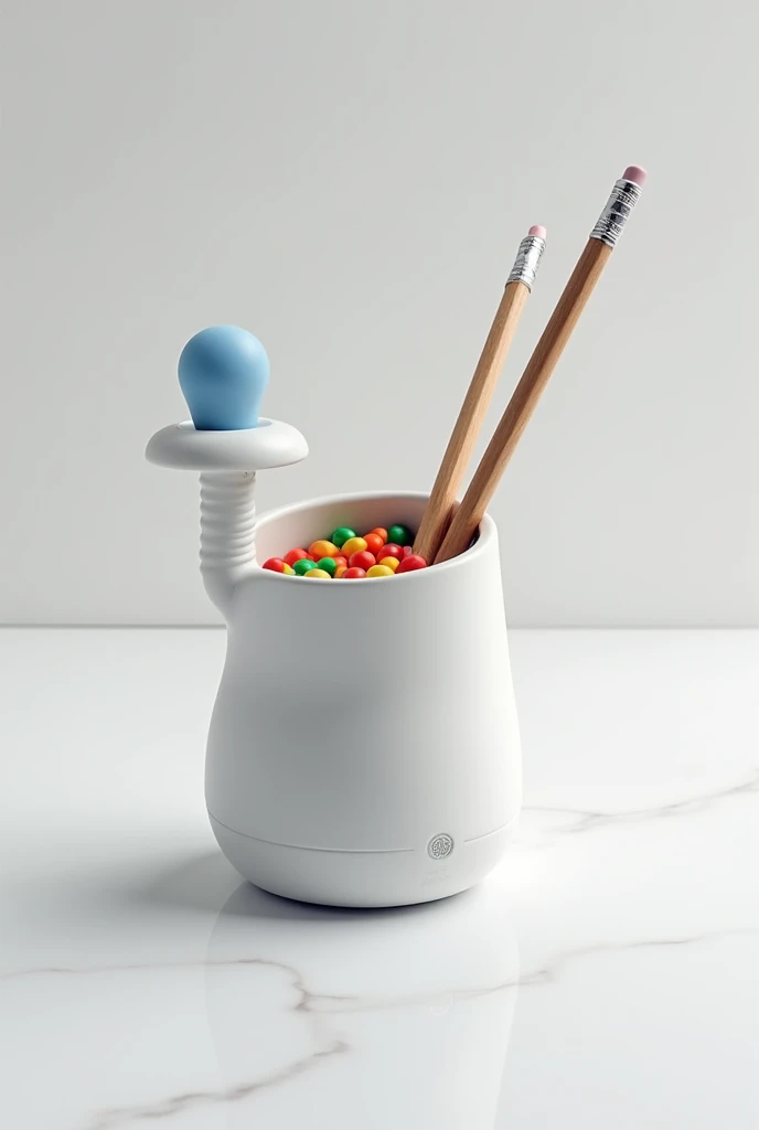 Generate me another futuristic pencil holder where the top has a kind of pacifier where candy can be dispensed