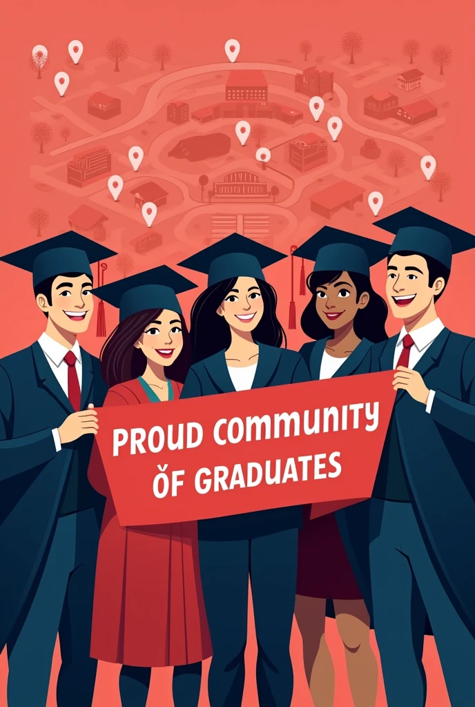 Main Image: A group of people wearing graduation caps, holding a banner or pennant with the logo of the University of Talca.
Featured Text: "Reconnect with your community. Become a member of the Society of Graduates."
colors: Red background with white text to highlight, keeping the logo in its original color.
Visual Elements: Use a campus map in the background with markers representing different generations of graduates.