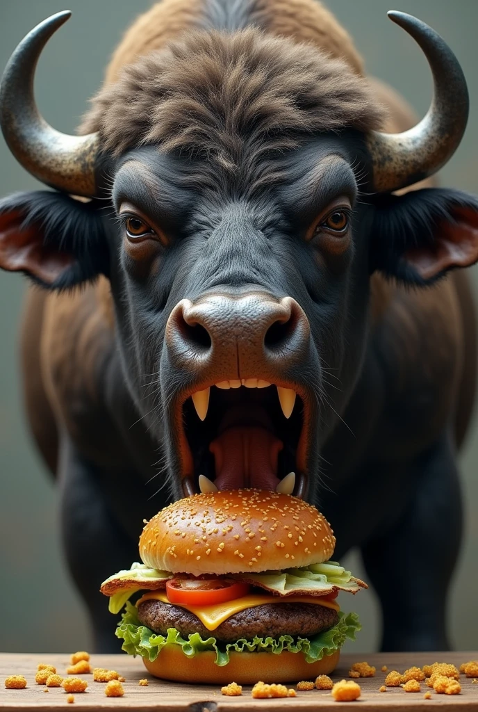 Design the face of a fierce buffalo biting a hamburger in the middle of its mouth and that only the front face is showing and that the teeth are showing and that the face is frontal