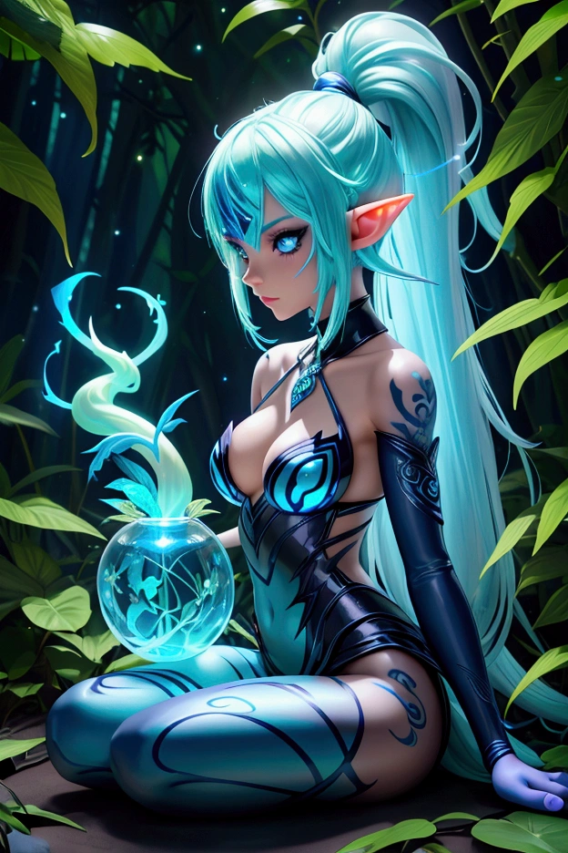 Beautiful and gorgeous elf, neon midnight indigo, elf woman, elf punk, glowing white tattoo, glittering, jungle, dark, siting , cool pose, beautiful magical creature like jaguar, glowing, blue stripe, firecy, both look gorgeous and firecy, forest, beautiful anime style, illustration, uhd in the style, hyperrealistic realistic,