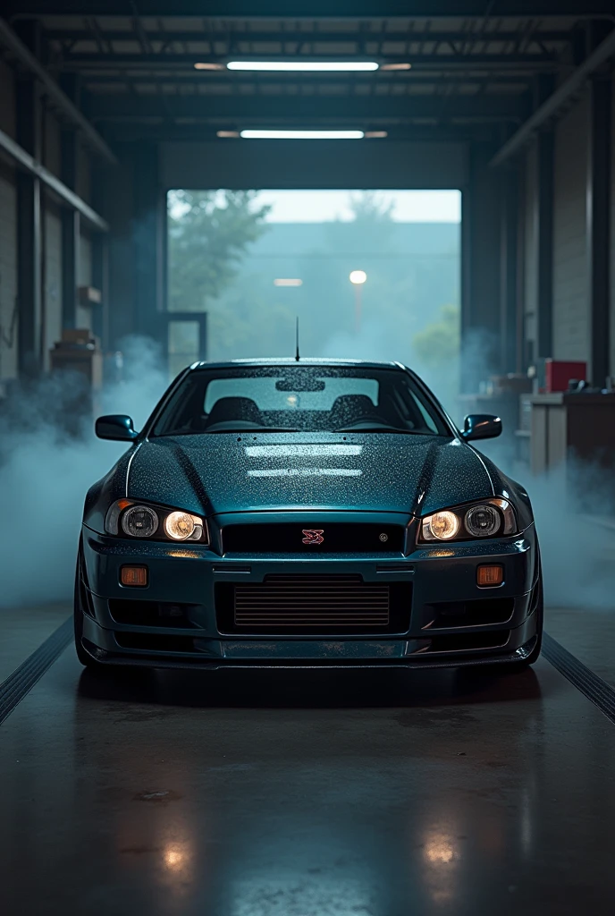 Fassa a skyline r34 from the front in a dark garage with smoke and realistic