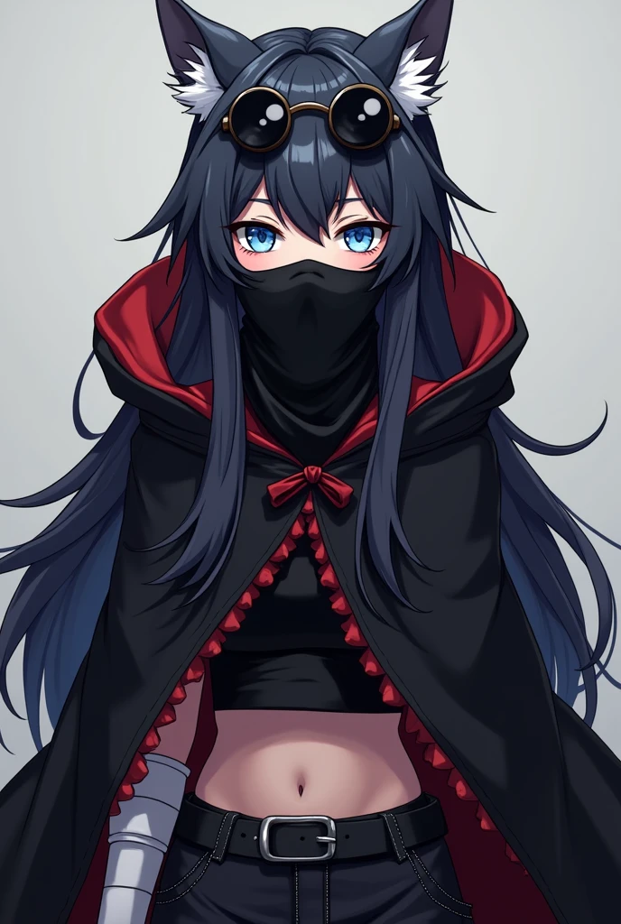 ((masterpiece, Anime)) Wolf girl, 24 years, long wolf's tail, female, Short black hair with white tips, handsome, slender, dark priest with balck and red open cloack, blue eyes, cultist, solo, one character, Long clothes. Black bandana covering the mouth and reinforced pants in colors that match the outfit. White armband, Sunglasses with round lenses on her nose.