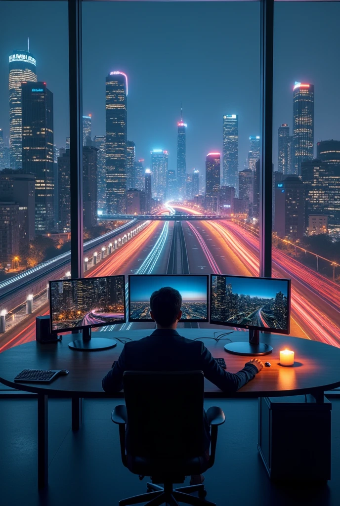 To create the scene you described, follow these steps:

1. **Setup the Scene:**
   - **Resolution:** Set the canvas to 1920x1080 pixels.
   - **Time of Day:** Use a nighttime setting with a dark, but vibrant cityscape visible through the large windows.

2. **Cityscape and Window:**
   - **City Lights:** Design a detailed city skyline with illuminated buildings. Add a monorail and a passing train in the distance.
   - **Window:** Ensure the window is large and occupies a significant portion of the background to highlight the cityscape.

3. **Office Interior:**
   - **Round Table:** Position a modern, sleek round table in the center of the room. Ensure it's facing the camera.
   - **Computers:** Place two computer monitors on the table, both facing the camera. Make sure the screens are visible.
   - **Accessories:** Include a keyboard and mouse neatly arranged on the table.

4. **Character Placement:**
   - **Positioning:** Place the character seated at the round table, facing the camera. Ensure they are centered and the large window and city view are prominently visible behind them.

5. **Lighting and Atmosphere:**
   - **Candles:** Add a coffee table with lit candles to create a warm, cozy glow.
   - **Lighting Effects:** Use subtle lighting effects to simulate city lights flickering and enhance realism.

This setup will provide a realistic, modern office scene with a dynamic city backdrop.