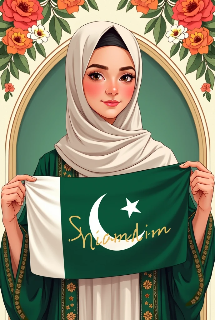 Create a profile picture with hijab  girl she's were a drss green and white and in hand Pakistani falg and write tha  name in flag in (Shamaim) ..or background happy independence day 