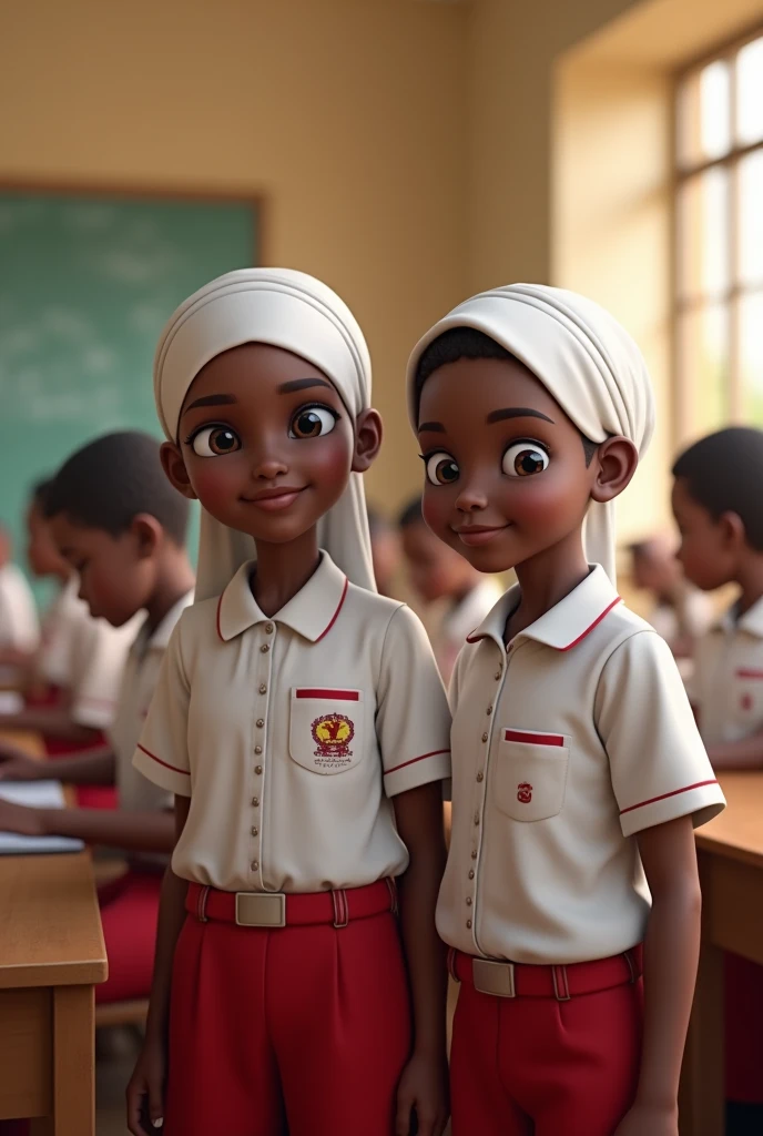 Create a realistic scene of students in a classroom in Katsina, Nigeria. The students should have natural dark skin tones and be wearing school uniforms, with girls in white hijabs featuring red headbands and boys in white shirts with red trousers. Ensure that each student's uniform includes a school badge on the left-hand side pocket of the boys' shirts and on the left side of the girls' hijabs. The classroom should have a lively, yet focused atmosphere, with students engaged in activities such as using computers and working together. The image should capture the essence of a real-life school environment in Northern Nigeria, with a warm and authentic feel, avoiding any stylized or 3D appearances
