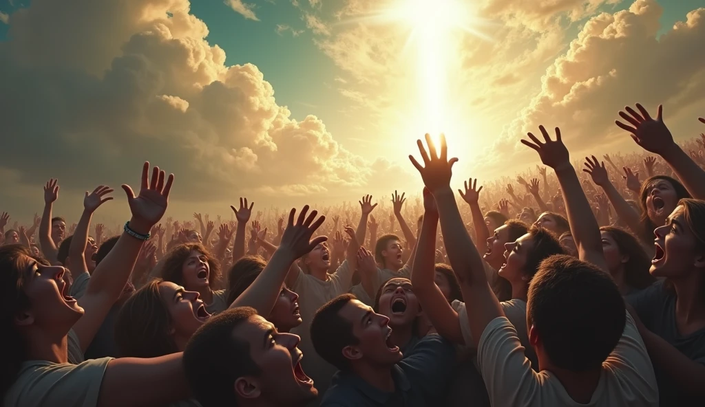 Create a powerful, emotionally charged image of desperate people trying to reach heaven. Show a motley crowd of individuals in a state of anguish and despair, reaching out or attempting to climb toward a bright, ethereal sky. Facial expressions should reflect a mix of hope, panic and determination. Heaven should be portrayed as a distant and unattainable destination, radiating light and a sense of divinity. The scene may include dramatic elements such as turbulent clouds, rays of light, and an environment that suggests an internal conflict or spiritual battle.