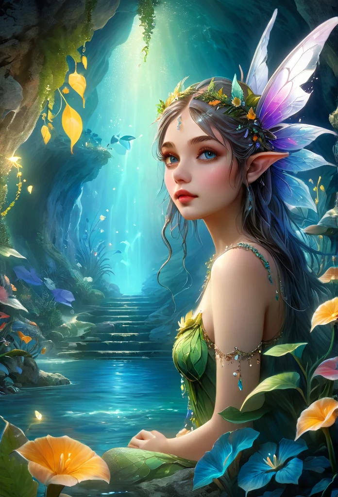 a fairy in a grotto,((full body)) beautiful detailed eyes, beautiful detailed lips, extremely detailed face, long eyelashes, beautiful fairy in a mystical grotto, ornate fantasy setting, glowing bioluminescent plants, ambient lighting, dreamlike atmosphere, detailed intricate background, vibrant saturated colors, ethereal soft lighting, cinematic composition, digital painting, concept art style, (best quality,4k,8k,highres,masterpiece:1.2),ultra-detailed,(realistic,photorealistic,photo-realistic:1.37)