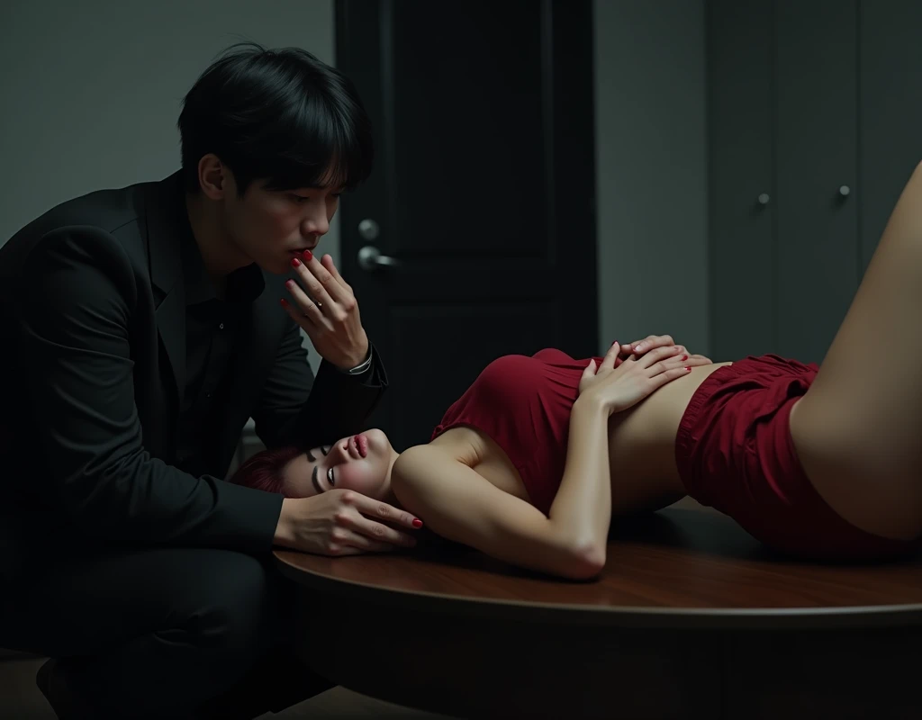 190 cm tall, 27-year-old man, black bowl cut, side swept bangs, Chinese-Korean-Japanese features, black shirt and business vest, black pants, sitting on the floor next to dark wood table, intense expression, wiping blood off lips and looking at a 24-year-old shorter woman Caucasian woman with pained expression laying supine on the wood table with a wound on left rib cage and vibrant maroon side parted wavy hair and light skin wearing red midriff top and matching shorts in a minimalistic black and grey bedroom, dark lighting, photorealistic, cinematic