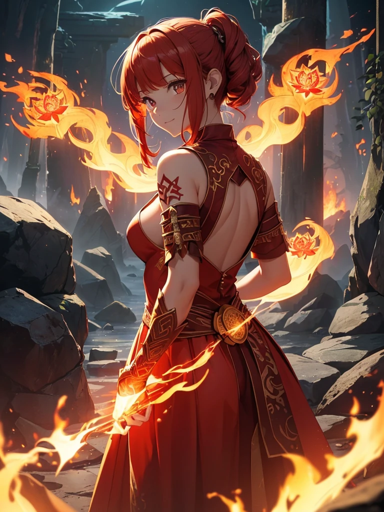 (((best quality, sharp image, clear image, cinematic lighting, 8k resolution, masterpiece, ultra detailed, intricate))) Girl, (((looking over shoulder))), shot from behind, ((half shot)), fire mage, cute, fiery red hair, pigtails in hair, (intricate dress), (white dress), ribbons in hair, smiling, fiery red, ((intricate Portal background)), ((fire magic)), candles, ((glowing runes on skin)), (flame patterns), ((fiery lotus flowers)), busy background., ((fire sigils)), (rock formations), Exploding rock, lavafalls, gauntlets, ((Red rubies)), busy background.