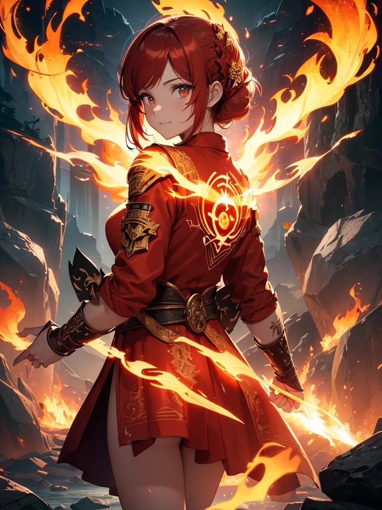 (((best quality, sharp image, clear image, cinematic lighting, 8k resolution, masterpiece, ultra detailed, intricate))) Girl, (((looking over shoulder))), shot from behind, ((half shot)), fire mage, cute, fiery red hair, pigtails in hair, (intricate dress), (white dress), ribbons in hair, smiling, fiery red, ((intricate Portal background)), ((fire magic)), candles, ((glowing runes on skin)), (flame patterns), ((fiery lotus flowers)), busy background., ((fire sigils)), (rock formations), Exploding rock, lavafalls, gauntlets, ((Red rubies)), busy background.