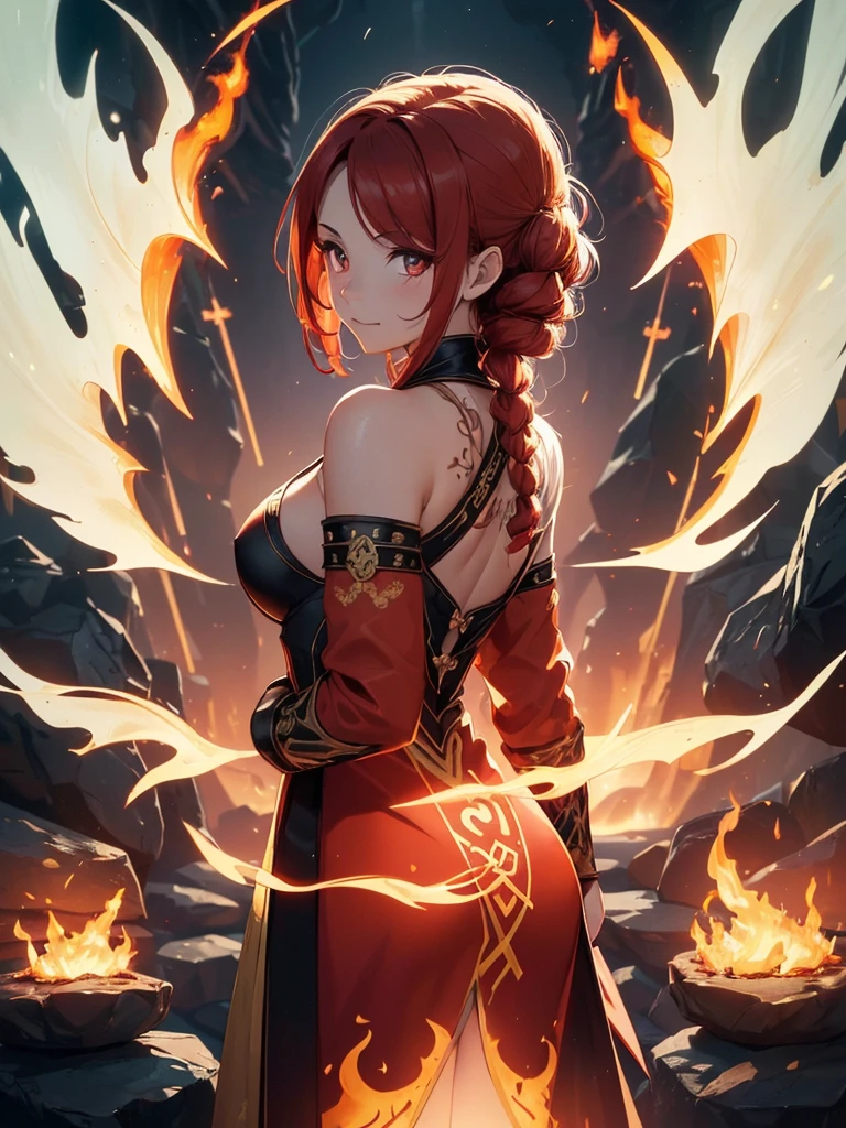 (((best quality, sharp image, clear image, cinematic lighting, 8k resolution, masterpiece, ultra detailed, intricate))) Girl, (((looking over shoulder))), shot from behind, ((half shot)), fire mage, cute, fiery red hair, pigtails in hair, (intricate dress), (white dress), ribbons in hair, smiling, fiery red, ((intricate Portal background)), ((fire magic)), candles, ((glowing runes on skin)), (flame patterns), ((fiery lotus flowers)), busy background., ((fire sigils)), (rock formations), Exploding rock, lavafalls, gauntlets, ((Red rubies)), busy background.