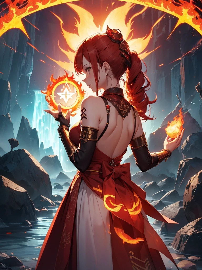 (((best quality, sharp image, clear image, cinematic lighting, 8k resolution, masterpiece, ultra detailed, intricate))) Girl, (((looking over shoulder))), shot from behind, ((half shot)), fire mage, cute, fiery red hair, pigtails in hair, (intricate dress), (white dress), ribbons in hair, smiling, fiery red, ((intricate Portal background)), ((fire magic)), candles, ((glowing runes on skin)), (flame patterns), ((fiery lotus flowers)), busy background., ((fire sigils)), (rock formations), Exploding rock, lavafalls, gauntlets, ((Red rubies)), busy background.