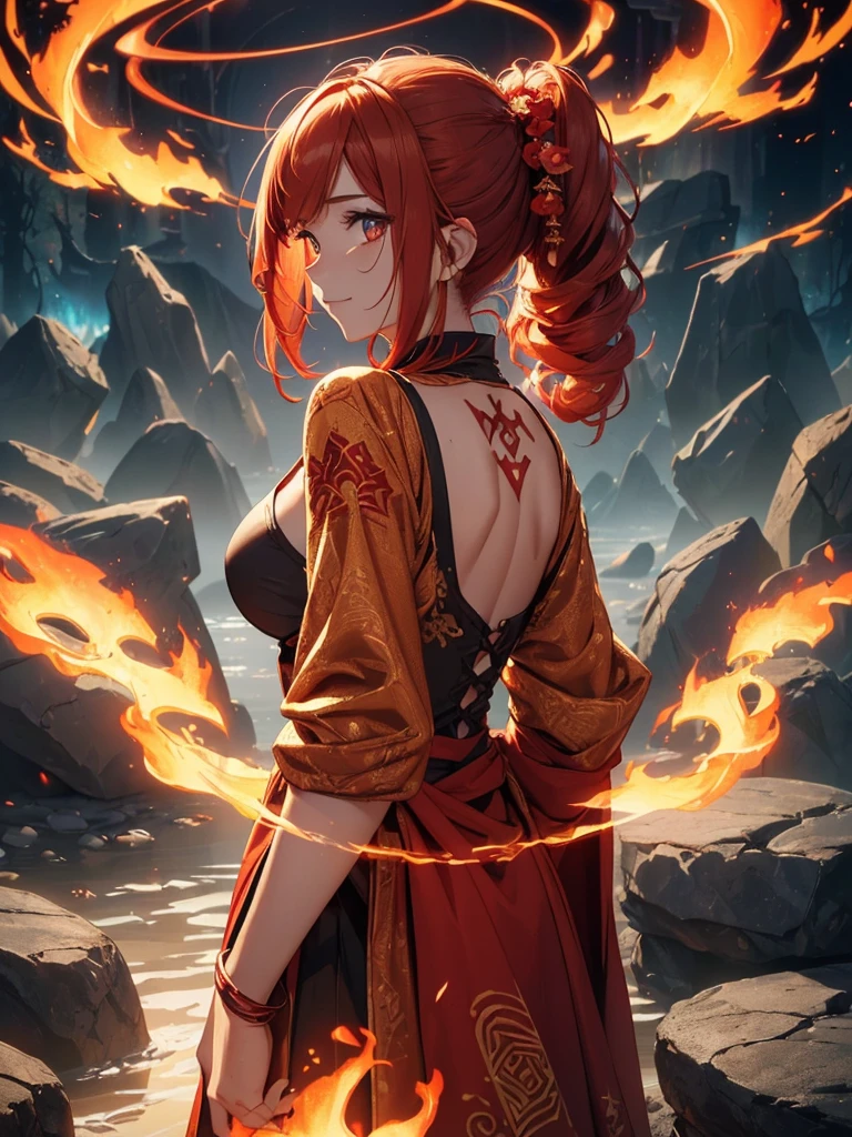 (((best quality, sharp image, clear image, cinematic lighting, 8k resolution, masterpiece, ultra detailed, intricate))) Girl, (((looking over shoulder))), shot from behind, ((half shot)), fire mage, cute, fiery red hair, pigtails in hair, (intricate dress), (white dress), ribbons in hair, smiling, fiery red, ((intricate Portal background)), ((fire magic)), candles, ((glowing runes on skin)), (flame patterns), ((fiery lotus flowers)), busy background., ((fire sigils)), (rock formations), Exploding rock, lavafalls, gauntlets, ((Red rubies)), busy background.