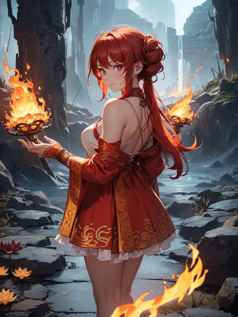 (((best quality, sharp image, clear image, cinematic lighting, 8k resolution, masterpiece, ultra detailed, intricate))) Girl, (((looking over shoulder))), shot from behind, ((half shot)), fire mage, cute, fiery red hair, pigtails in hair, (intricate dress), (white dress), ribbons in hair, smiling, fiery red, ((intricate Portal background)), ((fire magic)), candles, ((glowing runes on skin)), (flame patterns), ((fiery lotus flowers)), busy background., ((fire sigils)), (rock formations), Exploding rock, lavafalls, gauntlets, ((Red rubies)), busy background.