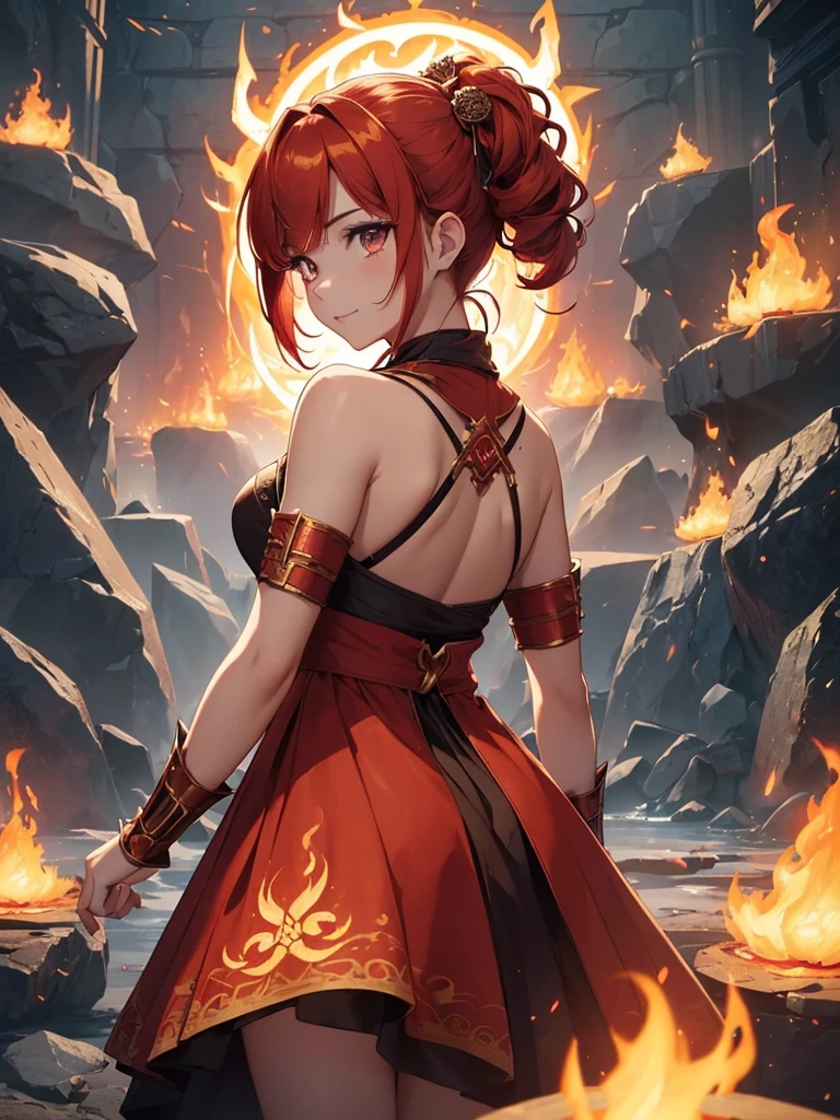 (((best quality, sharp image, clear image, cinematic lighting, 8k resolution, masterpiece, ultra detailed, intricate))) Girl, (((looking over shoulder))), shot from behind, ((half shot)), fire mage, cute, fiery red hair, pigtails in hair, (intricate dress), (white dress), ribbons in hair, smiling, fiery red, ((intricate Portal background)), ((fire magic)), candles, ((glowing runes on skin)), (flame patterns), ((fiery lotus flowers)), busy background., ((fire sigils)), (rock formations), Exploding rock, lavafalls, gauntlets, ((Red rubies)), busy background.