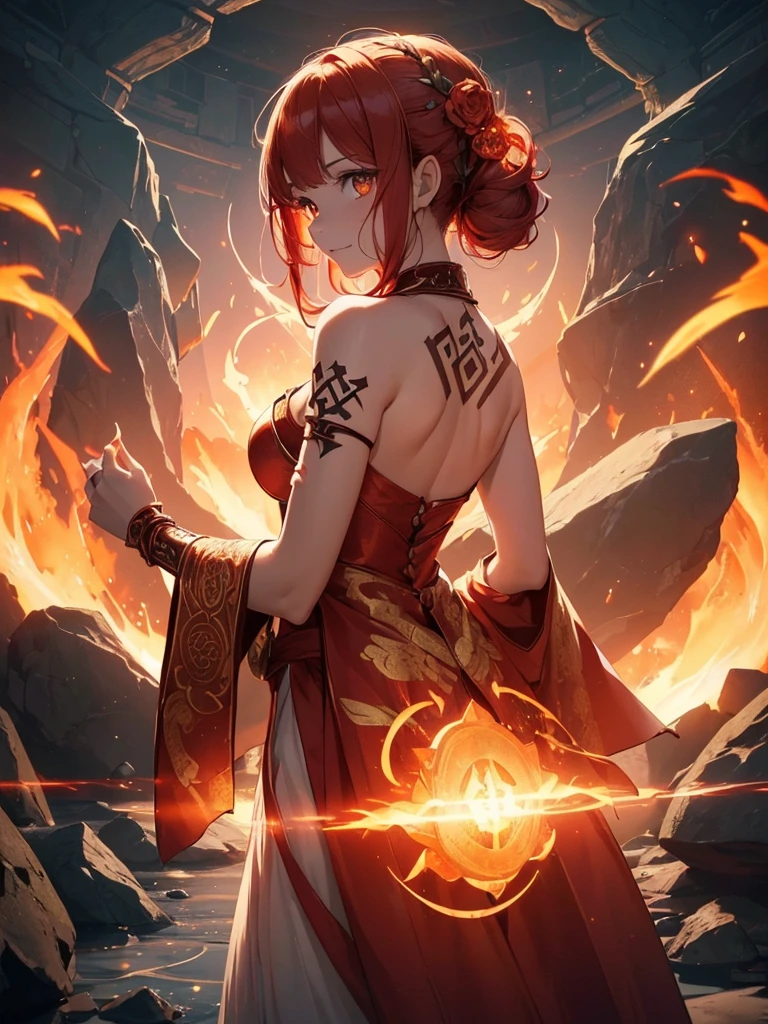 (((best quality, sharp image, clear image, cinematic lighting, 8k resolution, masterpiece, ultra detailed, intricate))) Girl, (((looking over shoulder))), shot from behind, ((half shot)), fire mage, cute, fiery red hair, pigtails in hair, (intricate dress), (white dress), ribbons in hair, smiling, fiery red, ((intricate Portal background)), ((fire magic)), candles, ((glowing runes on skin)), (flame patterns), ((fiery lotus flowers)), busy background., ((fire sigils)), (rock formations), Exploding rock, lavafalls, gauntlets, ((Red rubies)), busy background.