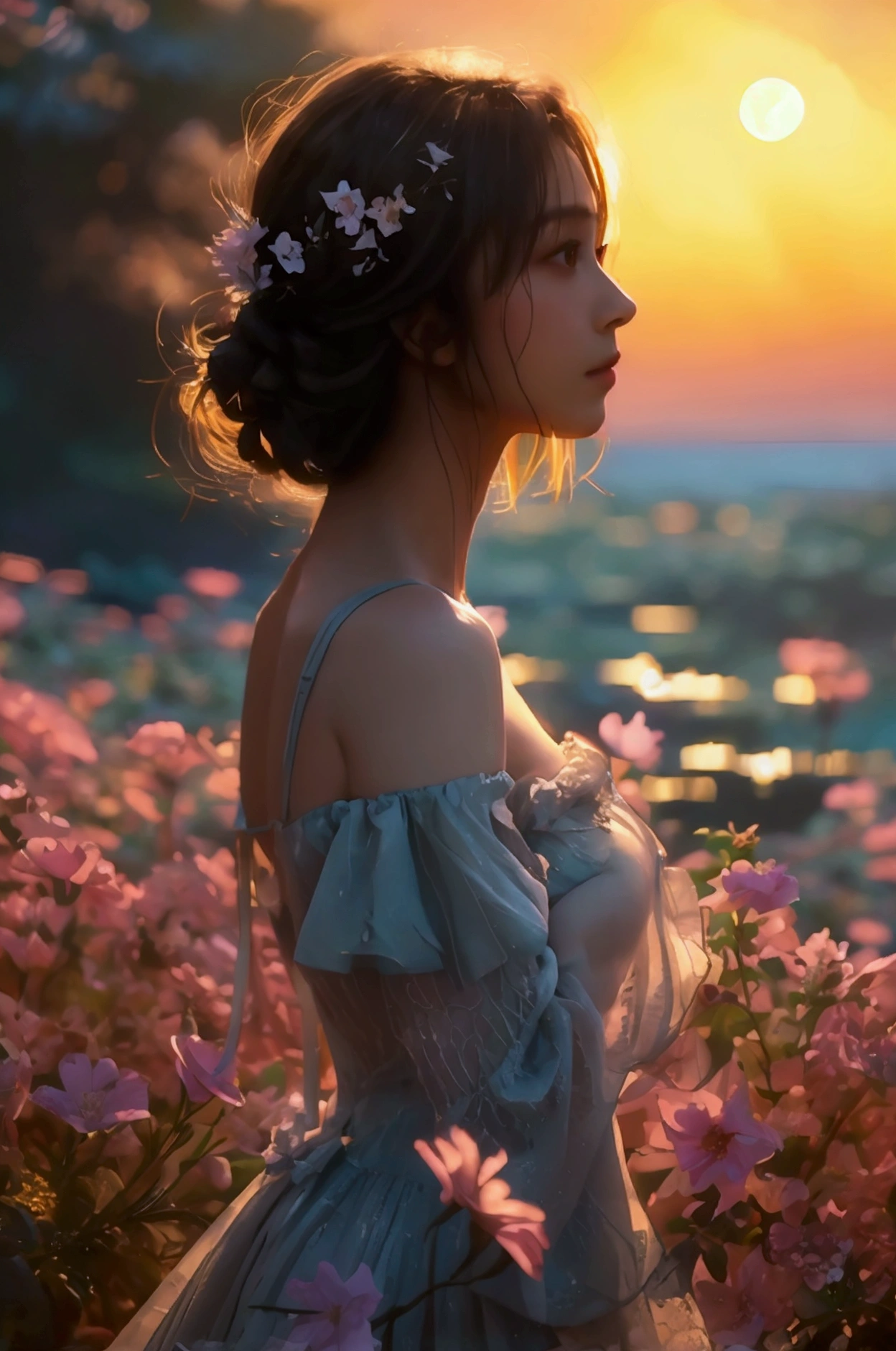 Medium breast, off shoulder, A girl standing against a background of moonlight and a sea of flowers，more elegant and dusty，a person々Let yourself be immersed in this beautiful picture。Her every move is like a beautiful dance.，As if melting into this sea of flowers，Expressing the beauty of ancient style, fireflies, dark forrest,