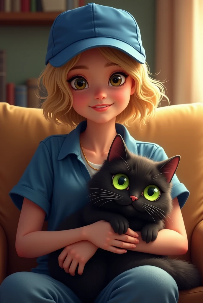 blond human with blue cap with black cat with green eyes on his lap